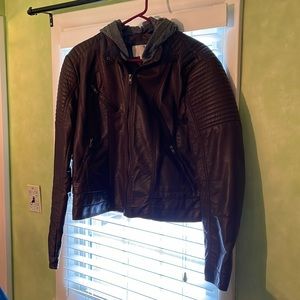 Faux Leather Jacket w/knit hood